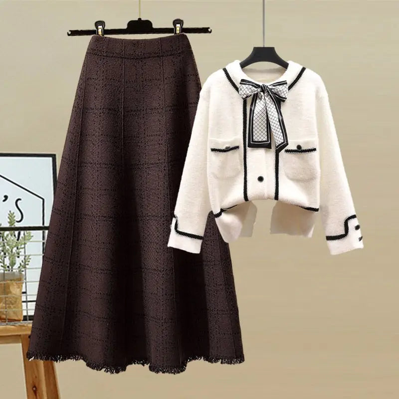 Bow Tie Cardigan Plaid Skirt Two-piece Set