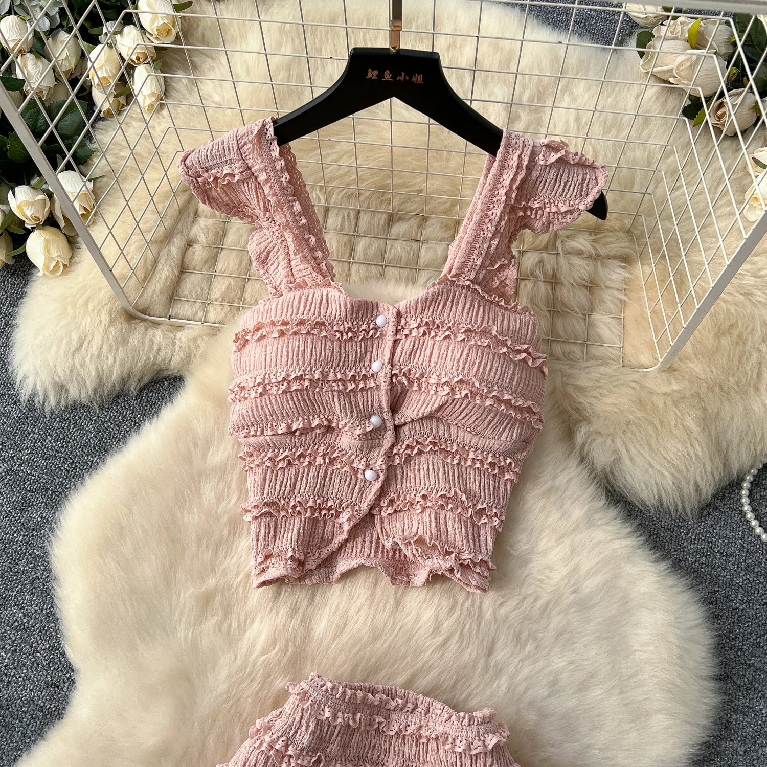 Casual Single Breasted Mini Camisole+Elastic Waist A Line Fold Slim Skirt Two Piece Sets