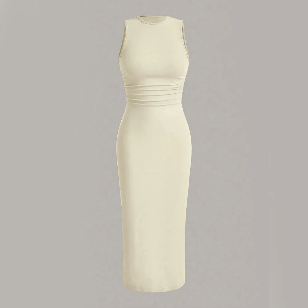 Minimalist Plain Sleeveless Crew Neck Wrap MIDI Party Dresses