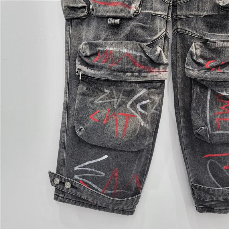 high waist Multiple pockets Graffiti Grey straight wide leg cargo denim