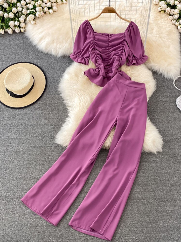 High Waist Drape Pants, Square Collar  Blouse Two-piece Suit