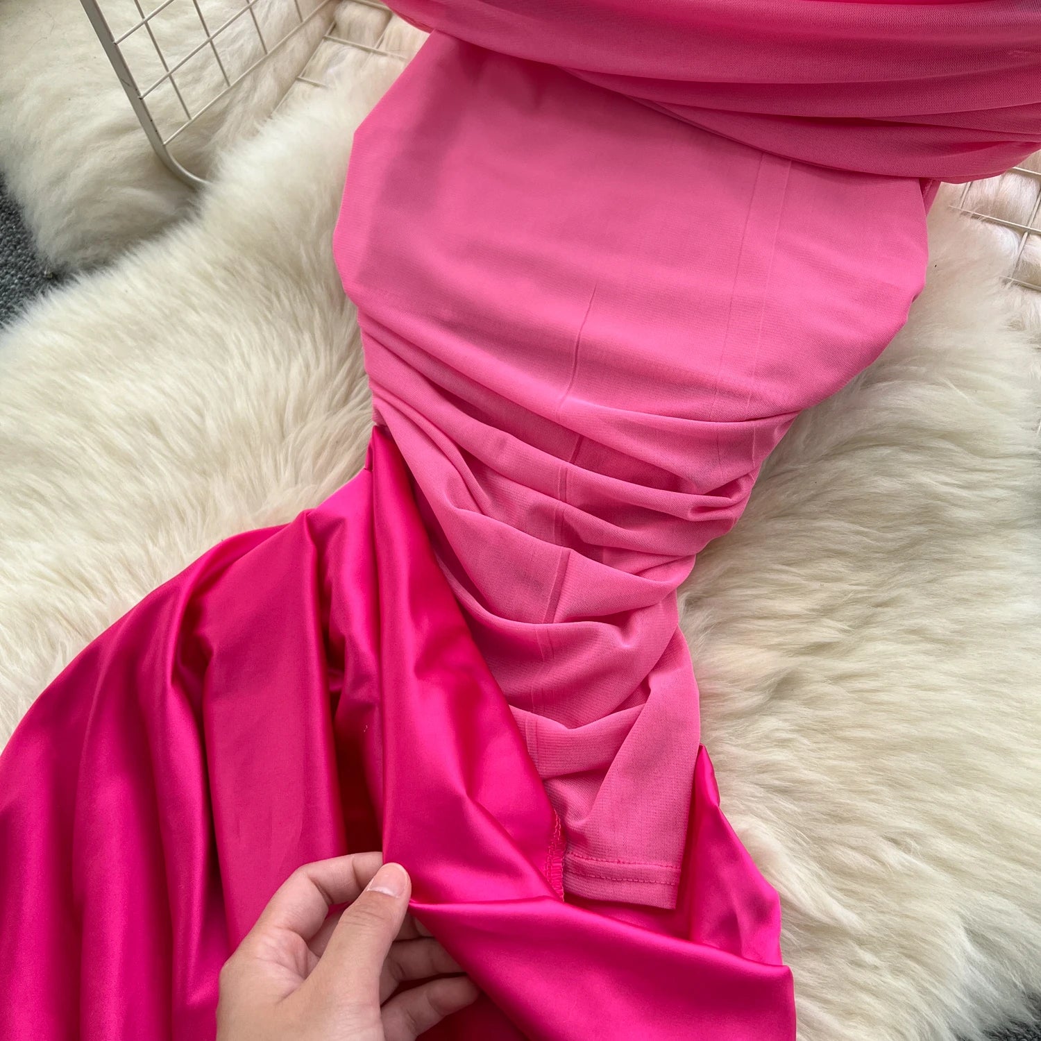 Chic Satin Splice Pleated Slim Split Long Sundress