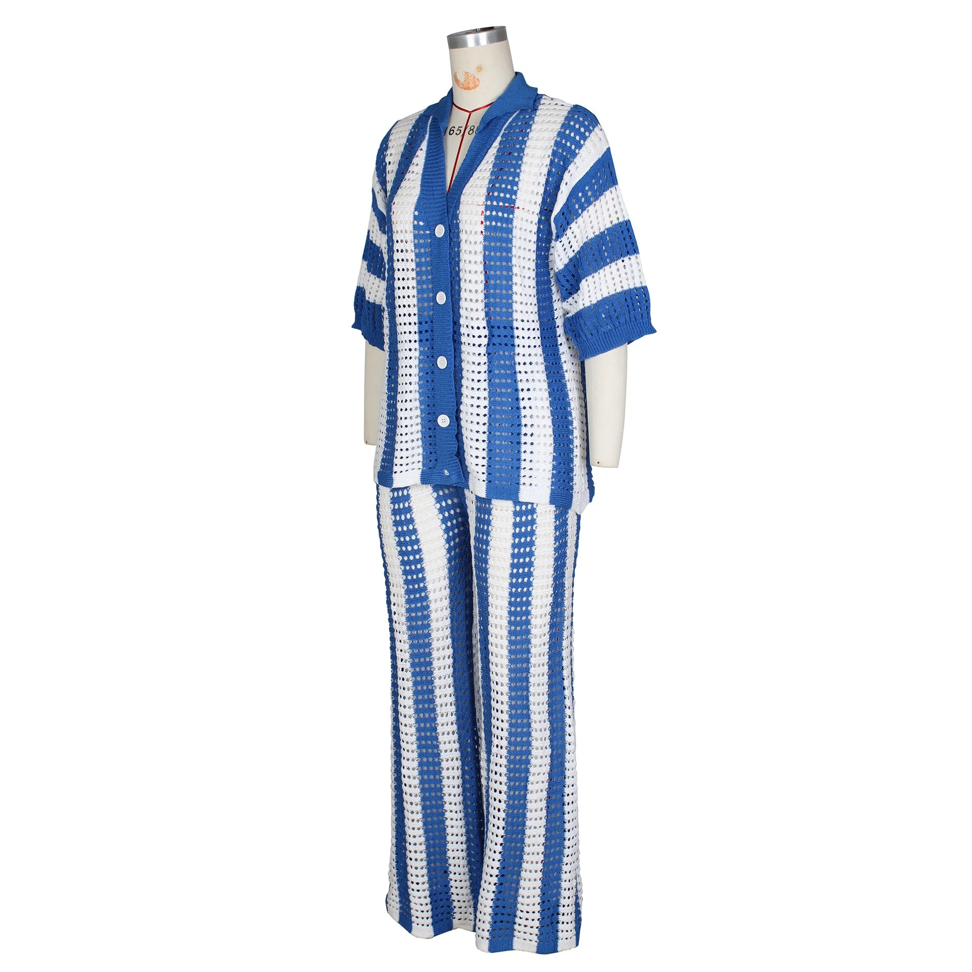 Knitted Striped Hollow Out Top and Wide Leg Pants Matching Sets