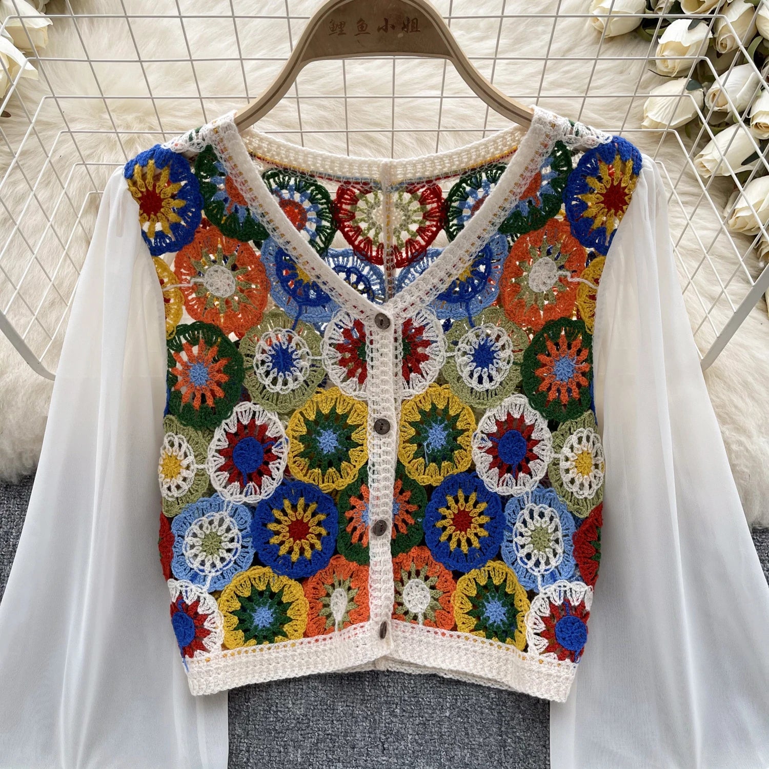 Knitting Crochet  Hollow Out Long Lantern Sleeve Blouse