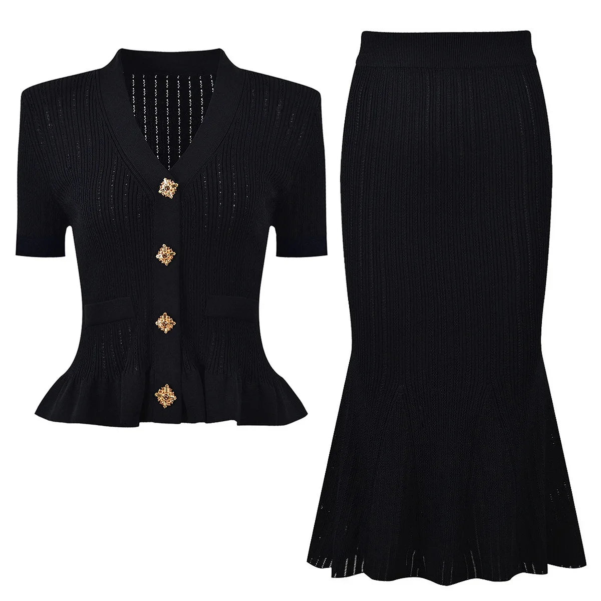 Knitted Two Piece Set Short Sleeve Knitting Cardigan Fishtail Long Skirt Suit