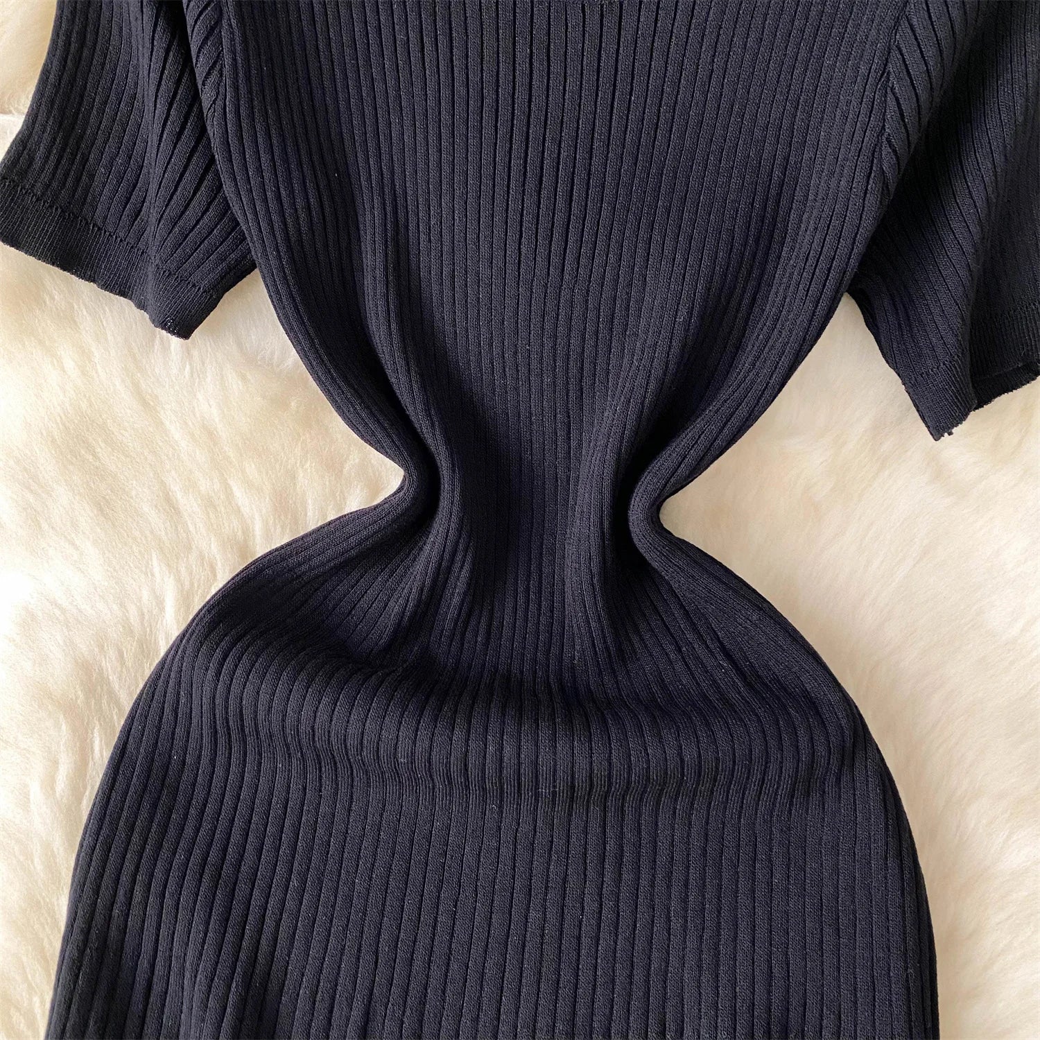 Elegant Stripe Knit Short Sleeves Mesh Patchwork Long Dress