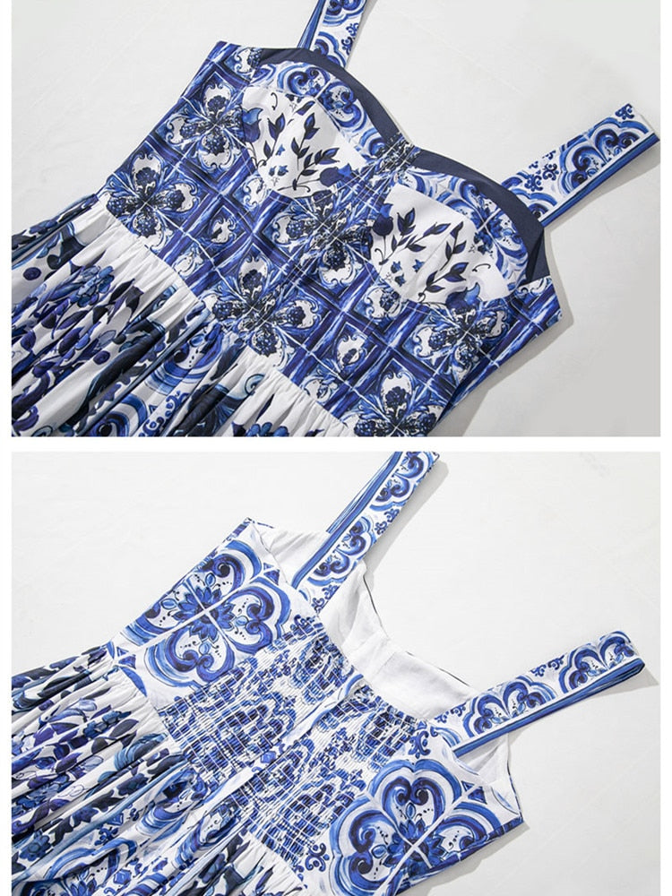 Blue And White Porcelain Flower Print Spaghetti Strap Dress