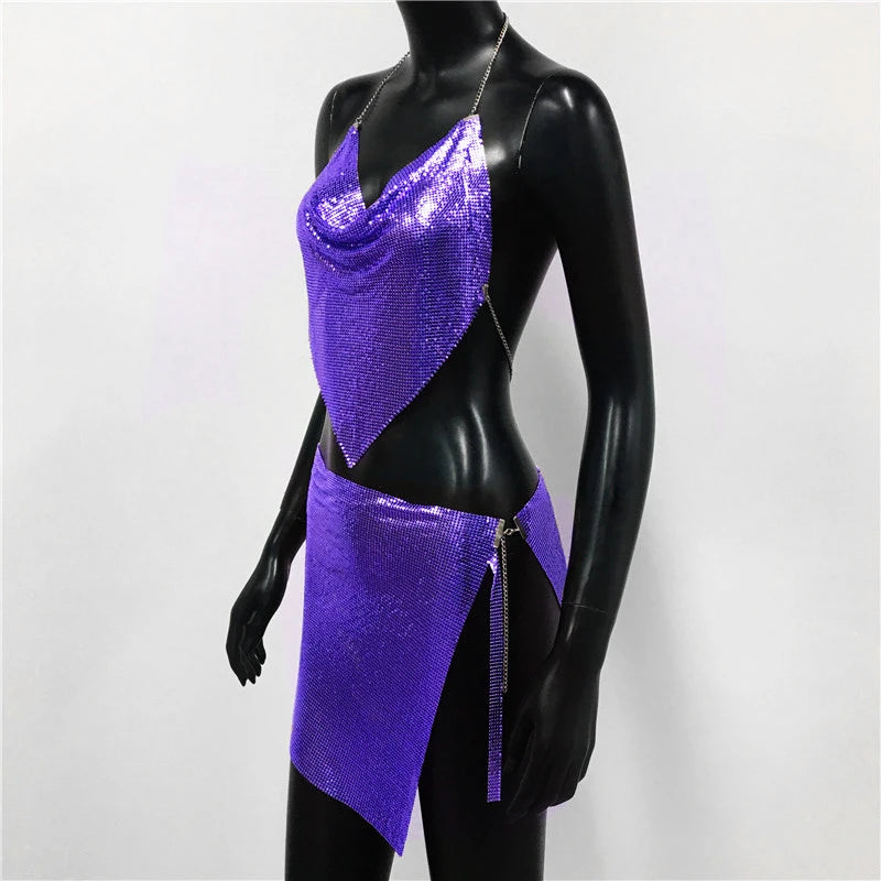 Metal Sequins 2 Piece Set Backless Halter Tank Tops Split Mini Skirts