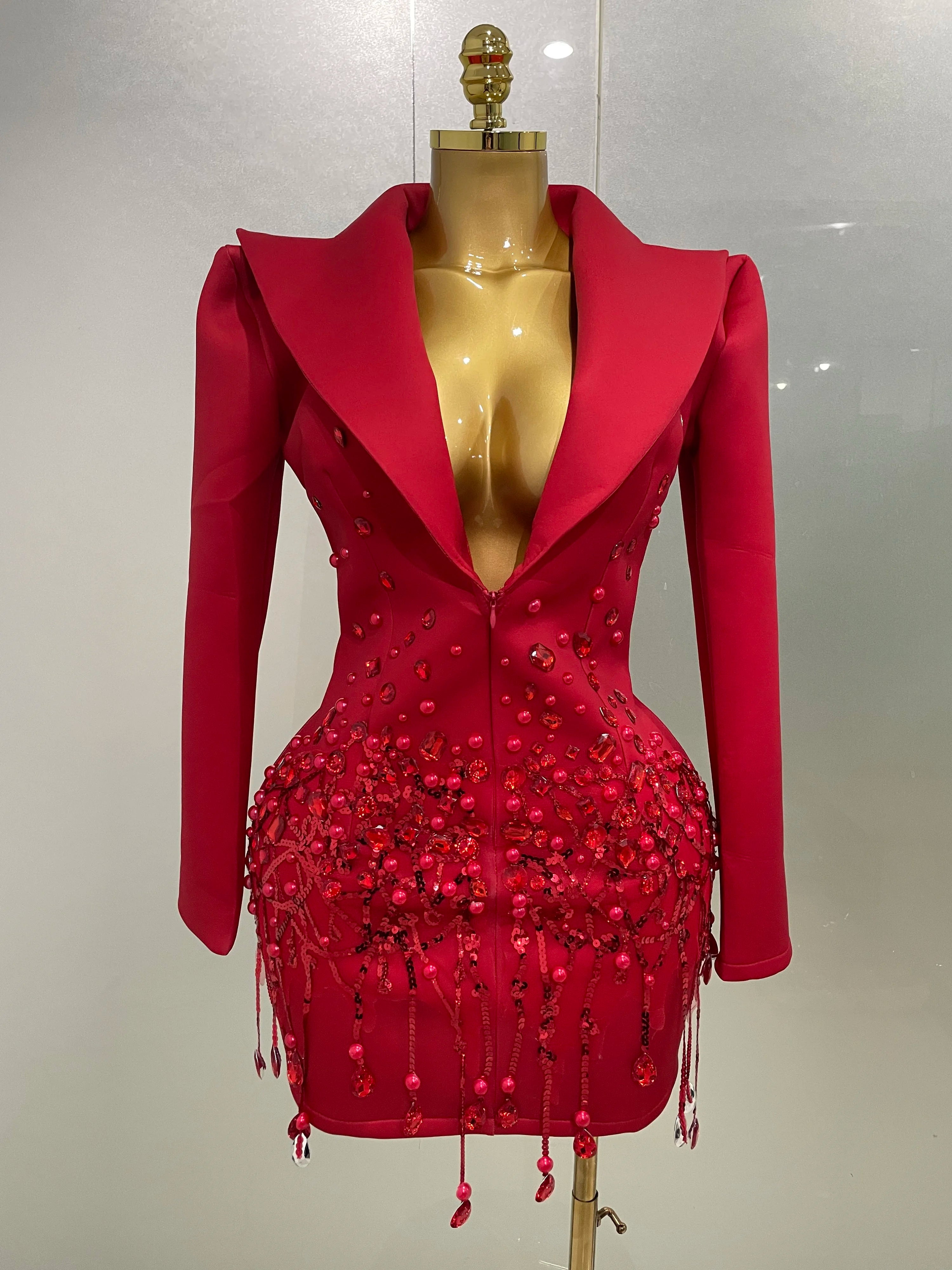 Sparkly Crystal Chains Pearls Long Sleeve Mini Dress