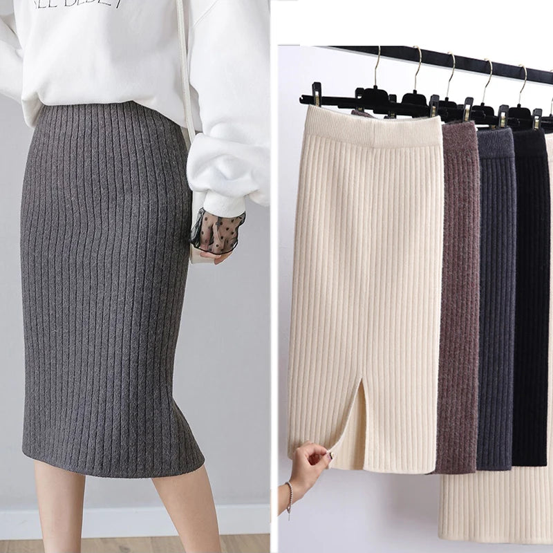 Stylish Knitted Slim Elastic High Waist Split Wrap Skirt Autumn Winter Skirts