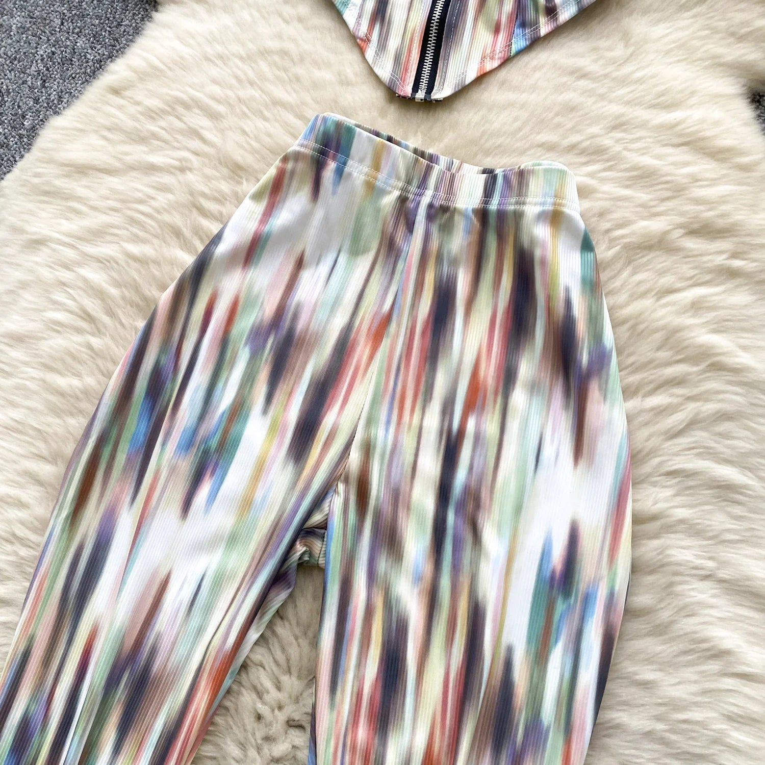 Two Piece Sets Strapless Zipper Tops+Bodycon Long Pants Suits