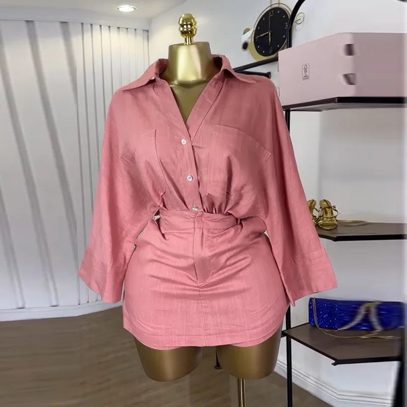 Full Sleeve Turn-down Collar T-shirt and Skirts Shorts Chic Two 2 Piece Sets