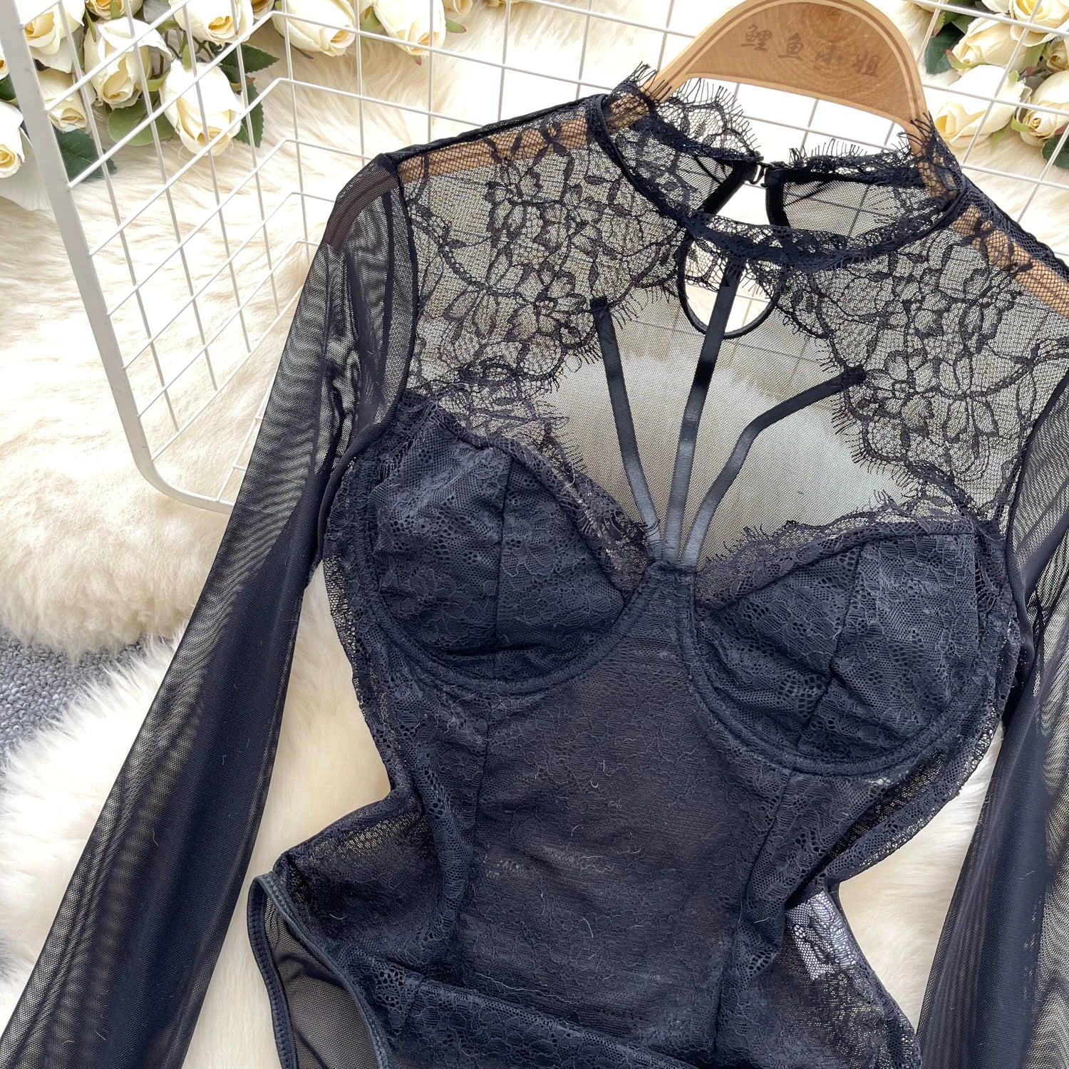 Hollow Out Mesh O Neck Long Sleeves Slim Fit Sheath Bodysuit