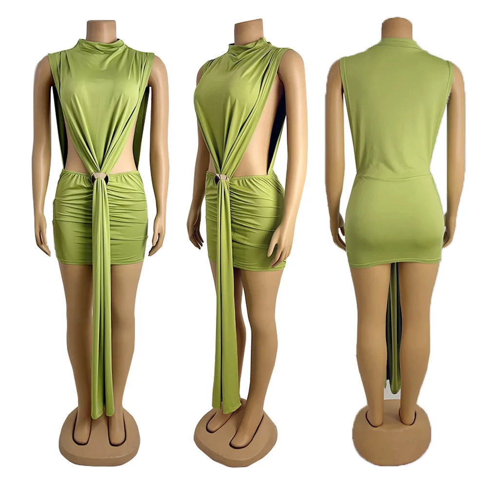 O-neck Ruched Stacked Bodycon Midi Mini Dress