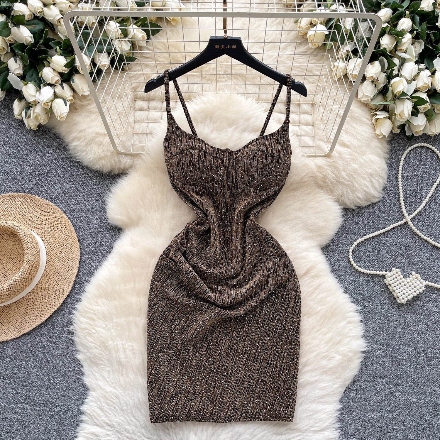 Spaghetti Strap Diamonds Design Backless Dress