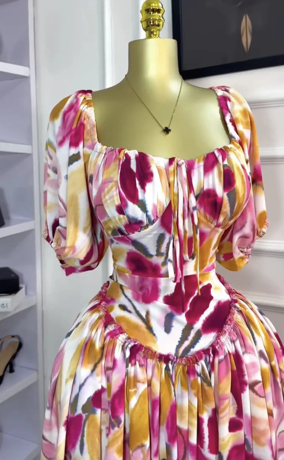 Tulip Floral Printed Lantern Short Sleeve High Waist Dresses