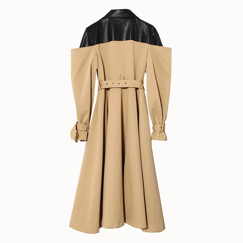 Autumn And Winter Temperament Leather Contrast Color Windbreaker Coat