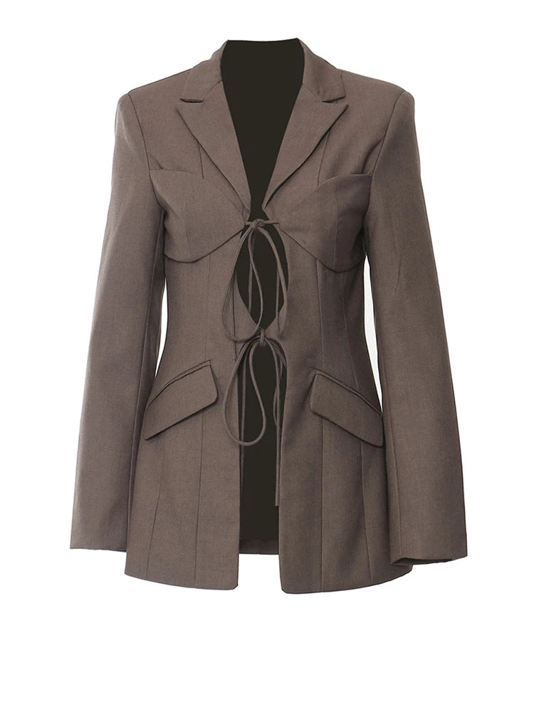 Lapel Long Sleeve Bandage Hollow Out Elegant Blazer