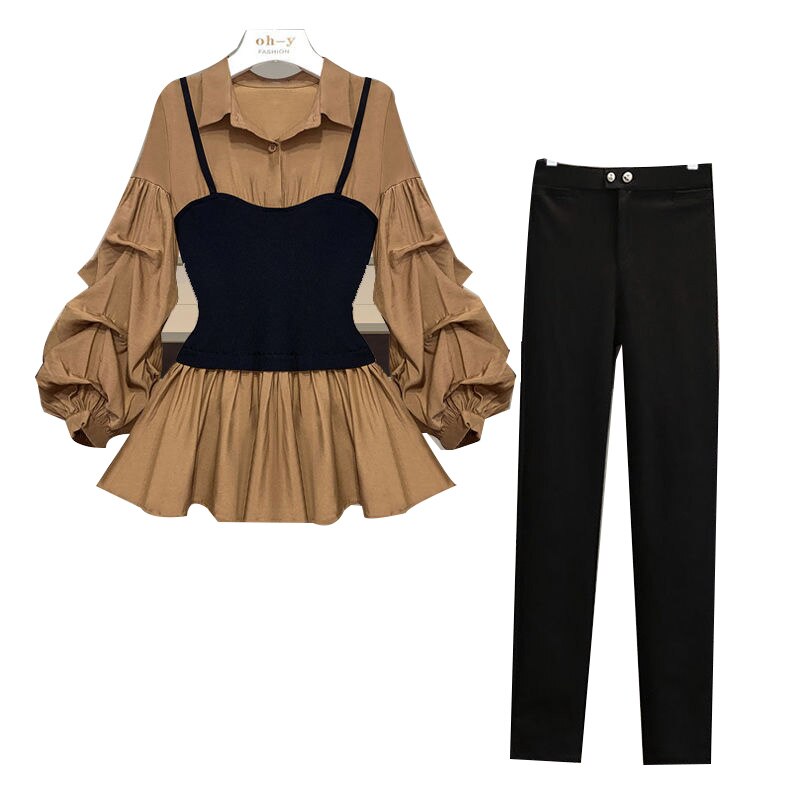 Elegant Chiffon Shirt Black Trousers Two-piece Set