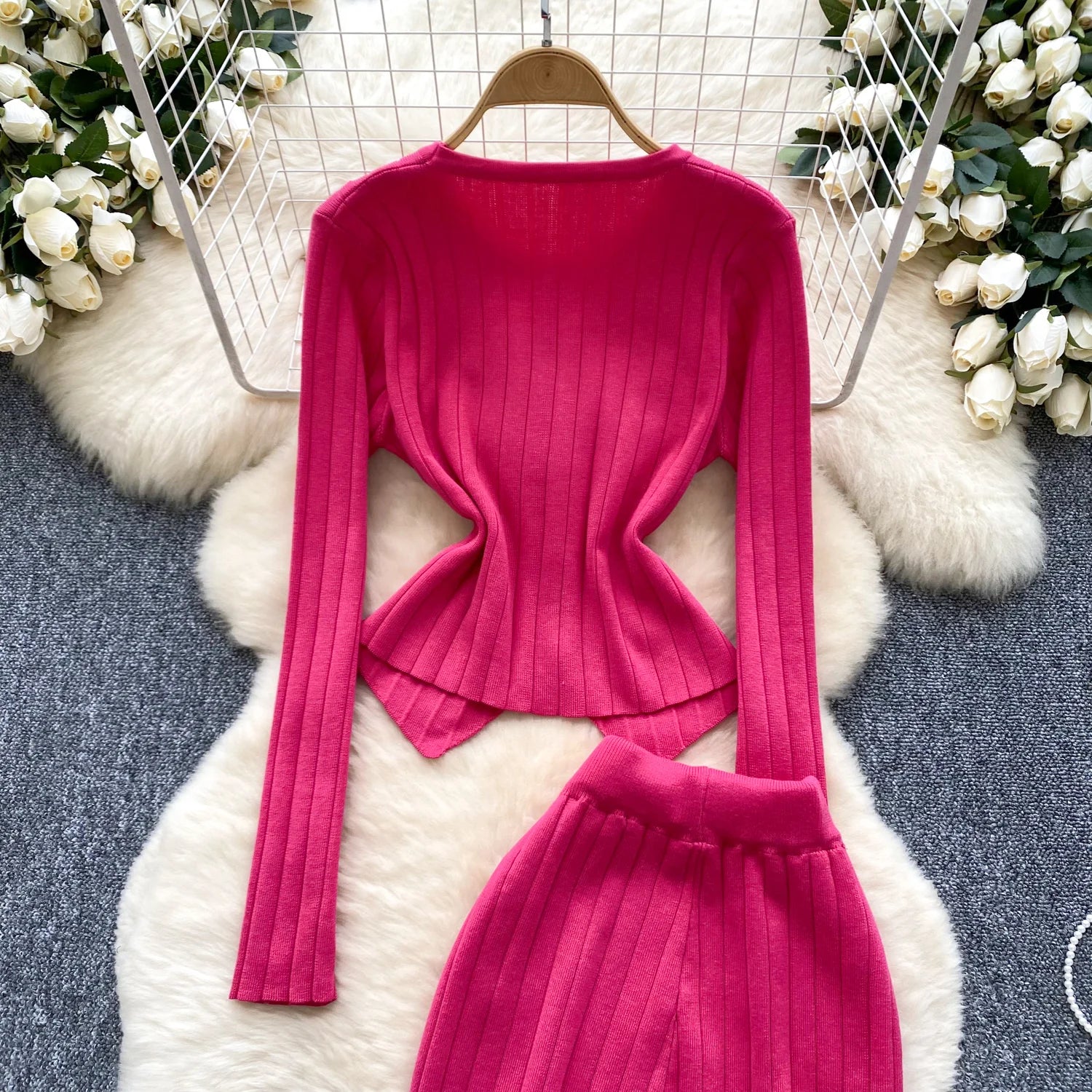 Long Sleeves Chic Buttons Pullovers+Elastic Long Pants Vintage Two Pieces Sets