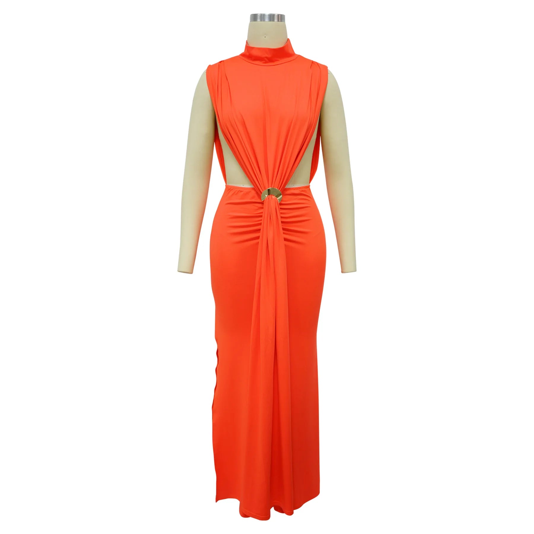O-neck High Split Ruched Stacked Bodycon Midi Maxi Dress