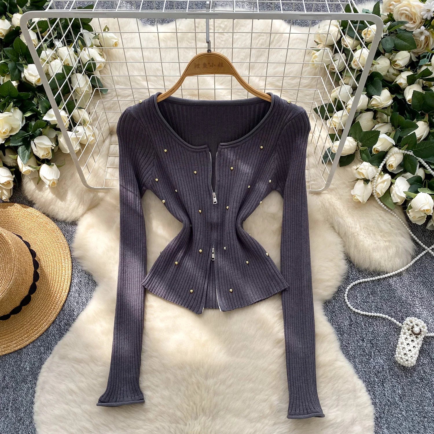 Slim Pullovers Beadings Zippers Short Knitted Skinny Tops