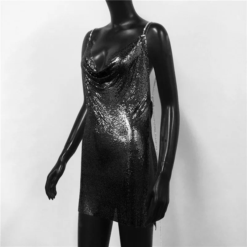 Backless Spaghetti Strap Metal Sequins Low Cut Dress