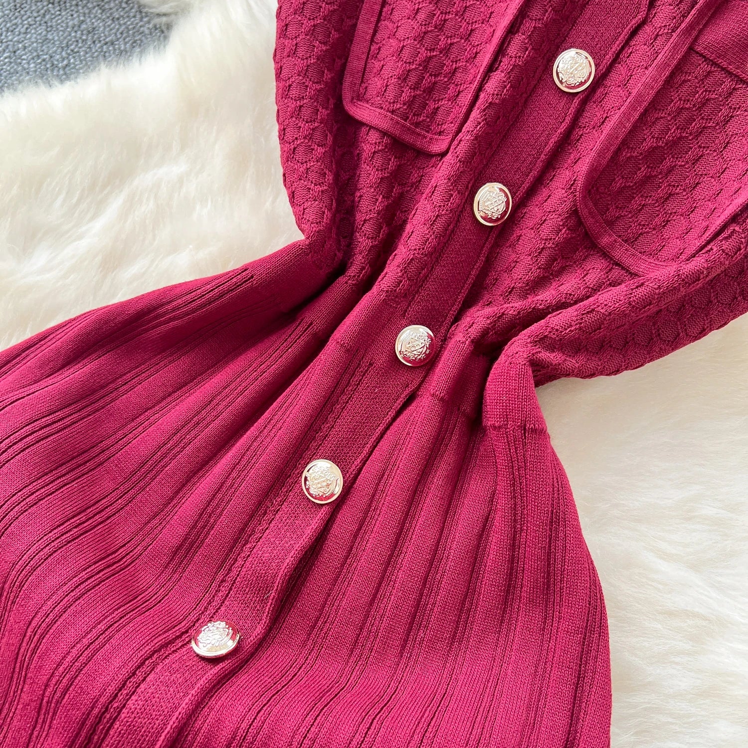 Office Lady Dress O Neck Sleeveless Single Breasted Chic Knitted Dress