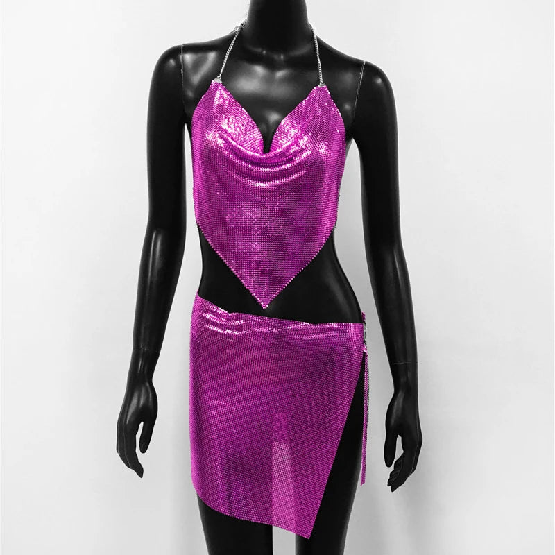 Metal Sequins 2 Piece Set Backless Halter Tank Tops Split Mini Skirts