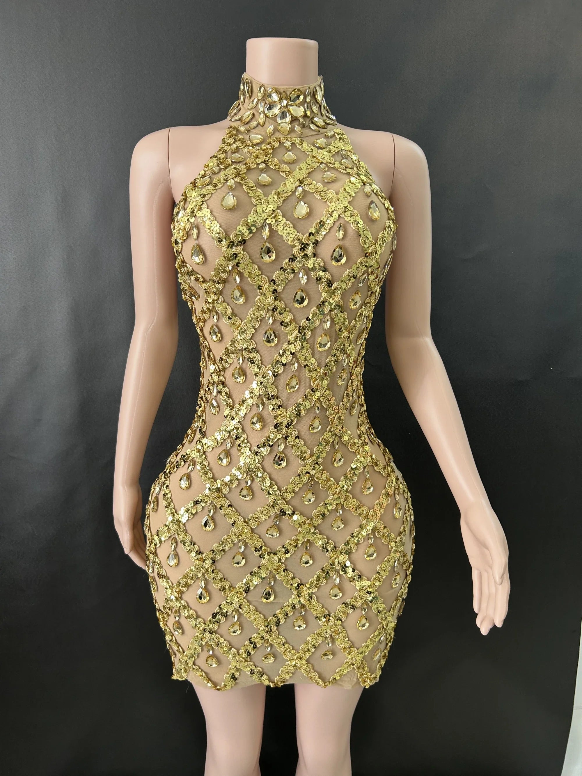 Prom Birthday Dress Transparent Rhinestone Sequins Dress