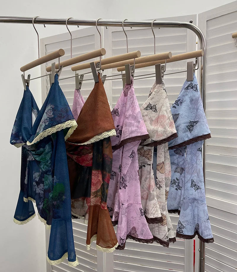 Off Shoulder Patched Ruffled Mesh Slash Collar T Shirts