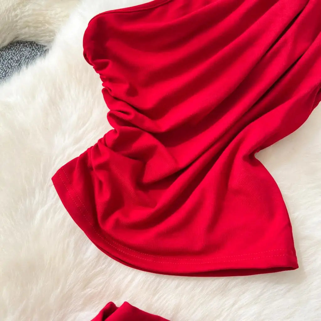 Two Pieces Sets Elegant Chic Skew Collar Pleated Tops + High Waist Flare Casual Pants  Outfits