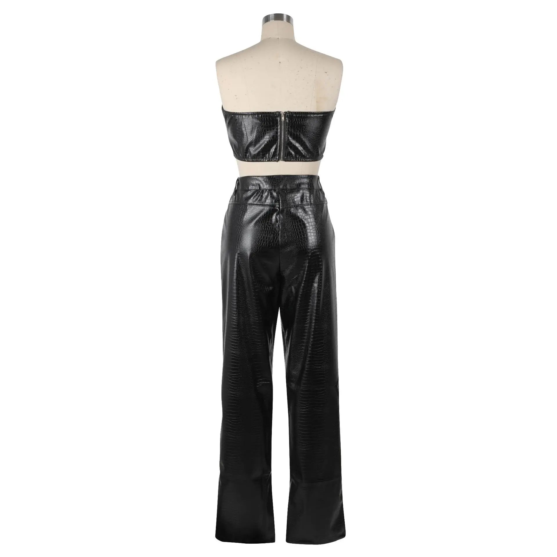 PU Leather Matching Cut-Out Cargo Sleeveless Jumpsuits 2 Piece Set