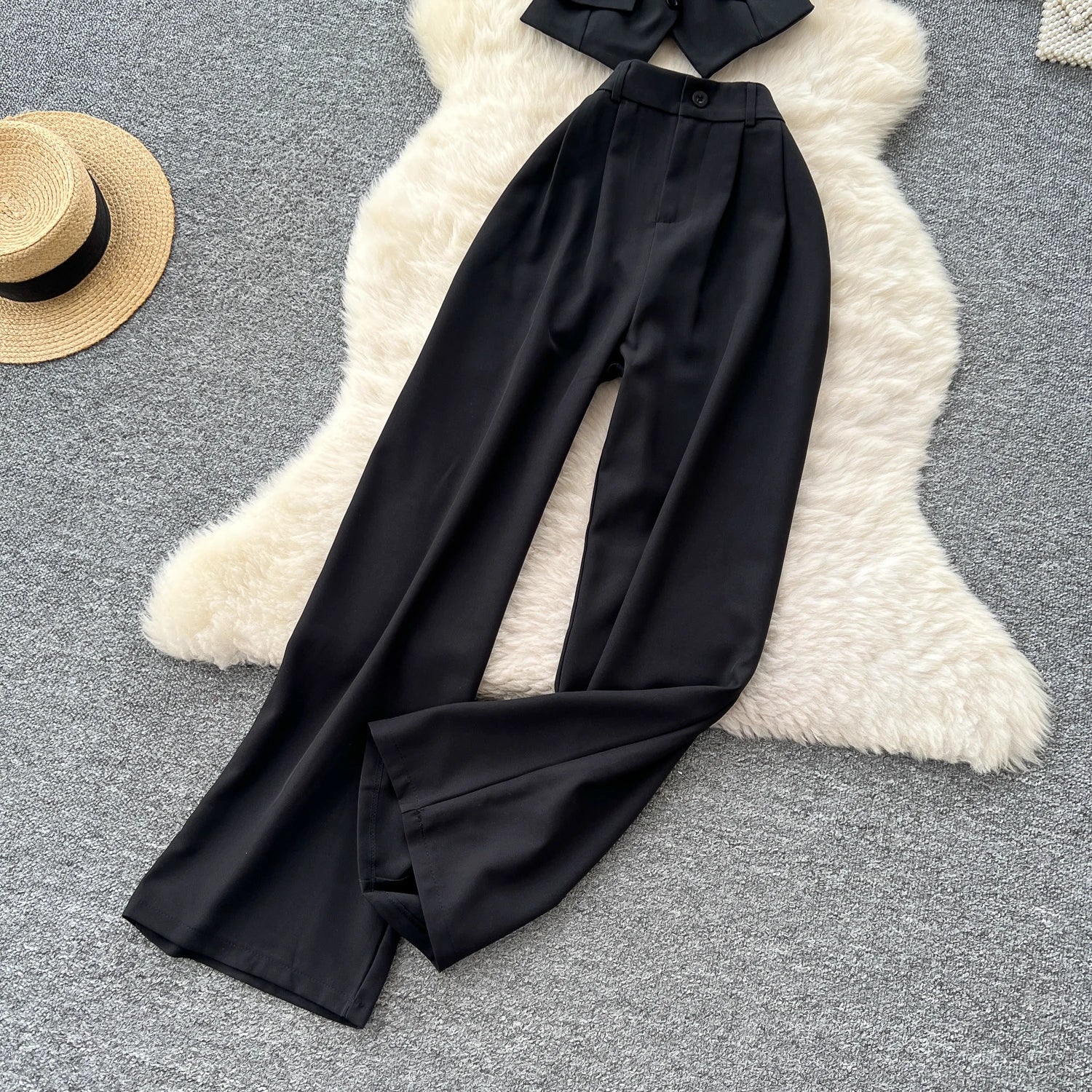 Office Lady Suits Camisole+Wide Leg Zipper Pants Chic Two Piece Set
