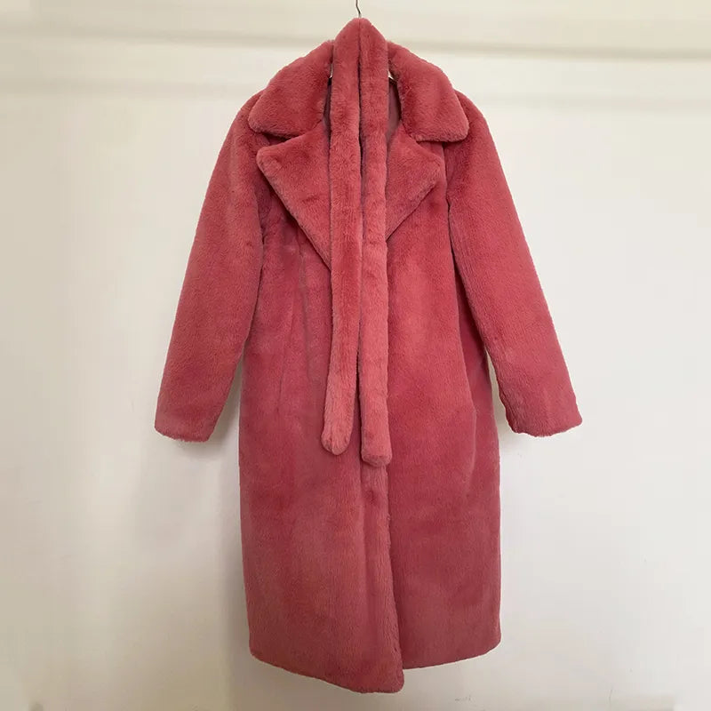 Oversized Lapel Belted Faux Rabbit Fur Coat