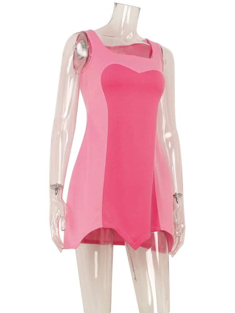 Patchwork Zipper Square Collar Causal Sleeveless Dress