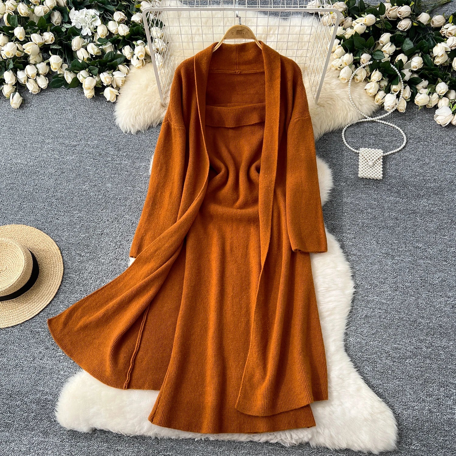 Long Sleeves Oversize Cardigan+Strapless Bodycon Dress Solid Knit 2pcs Sets