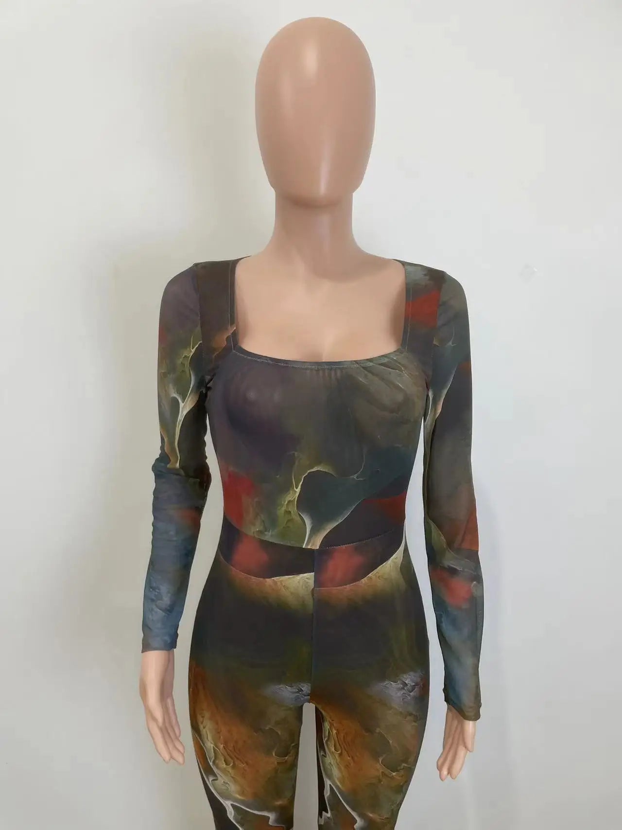 Tie Dye Print Mesh Long Sleeve Bodycon Overalls Jum[psuit