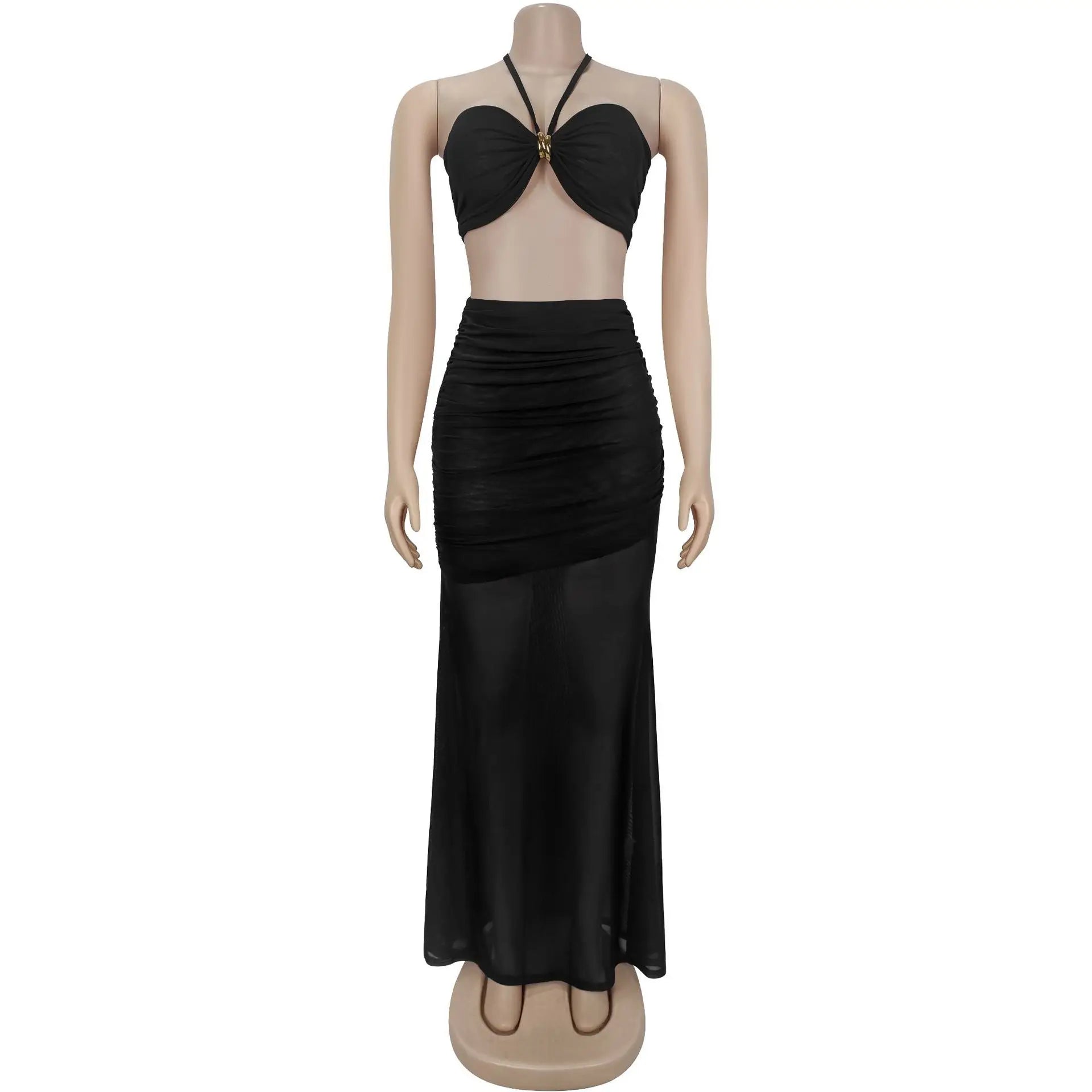 Crop Tops and Stacked Ruched Midi Maxi Skirts Two Piece Set