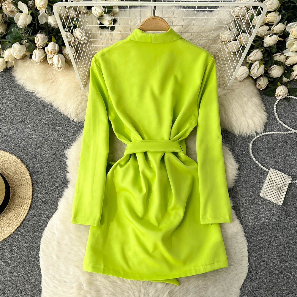 Notched Collar Long Sleeve Bow-tied Sash A-line Casual Office Lady Short Dress