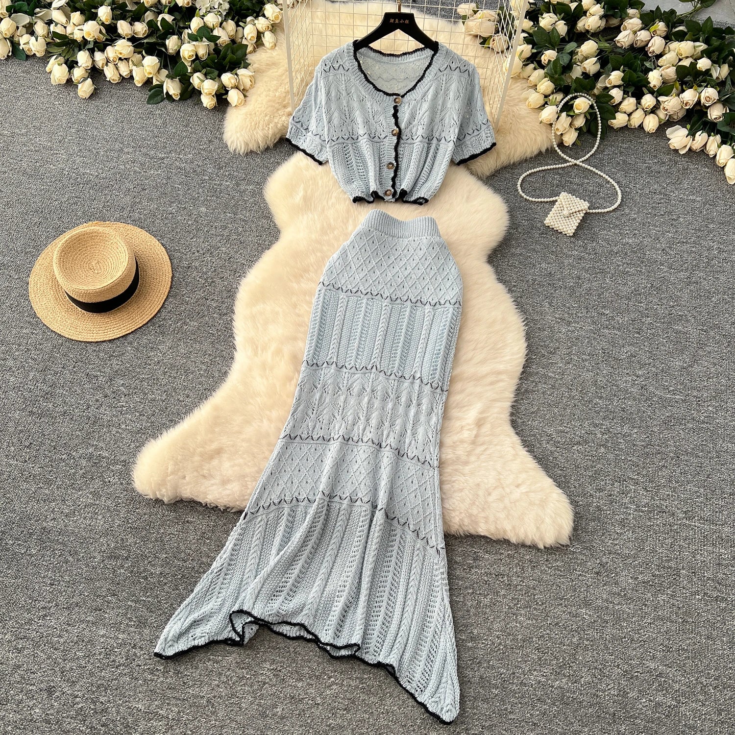 Short Sleeve O Neck Tops+Bodycon Skirt Hook Flower Hollow Two pcs Set