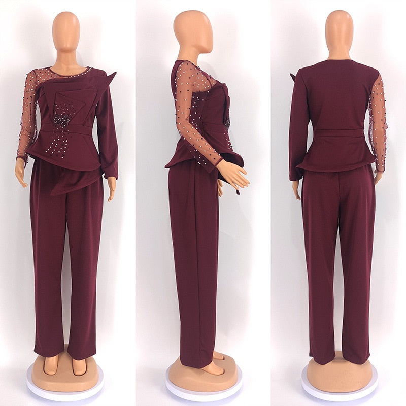 Vintage Ruffles Fan-shaped Blazer Tops and Pants Suit