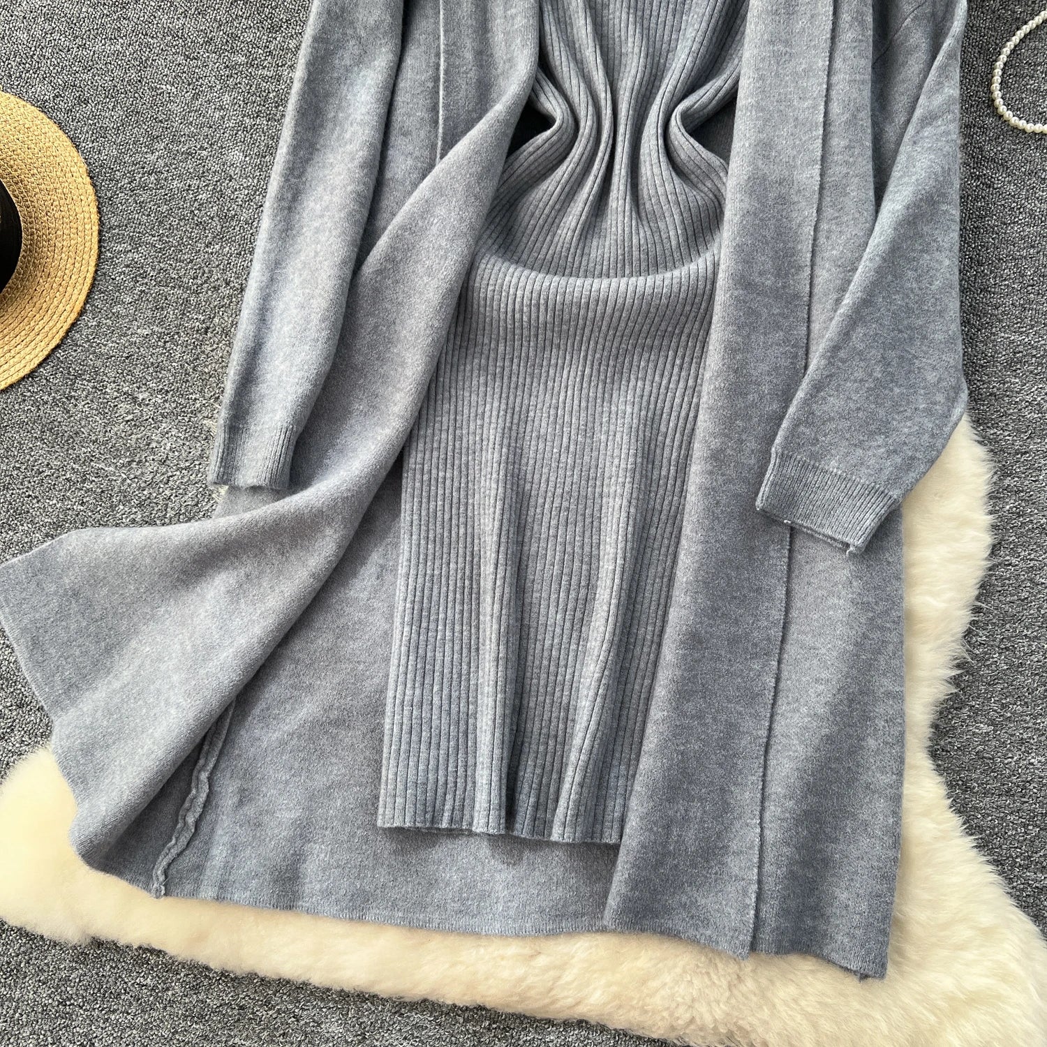 Knitted Two-Piece Sets  Knitting Cardigan+Spaghetti Strap Bodycon Dress