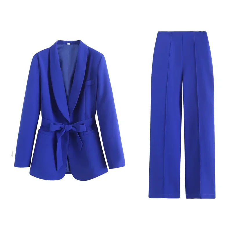Long Sleeve Belt Bow Blazers Suit Coat Chic Female High Waist Trousers Two Piece Sets