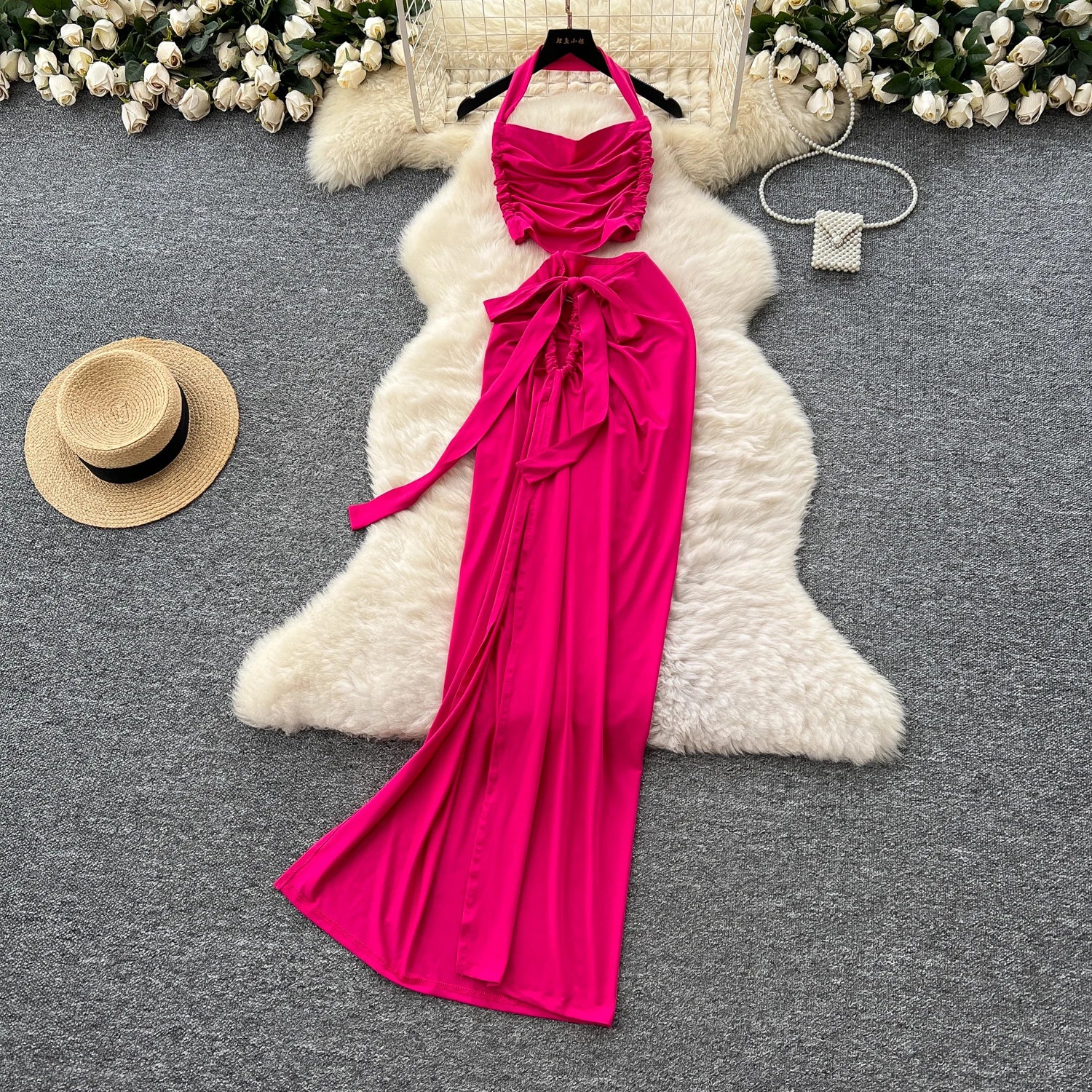 Halter Pleated Backless Top+Lace Up Split Long Skirt Two Pieces Sets