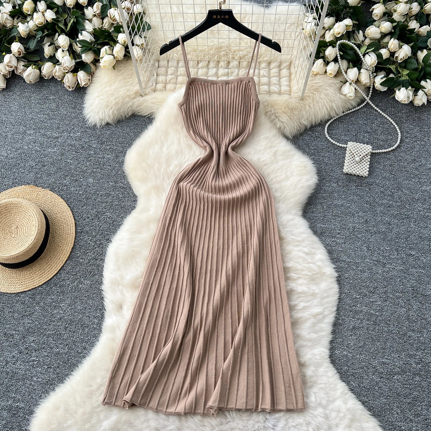 Knit Spaghetti Strap Dress Sleeveless Elastic Waist Slim Long Dress
