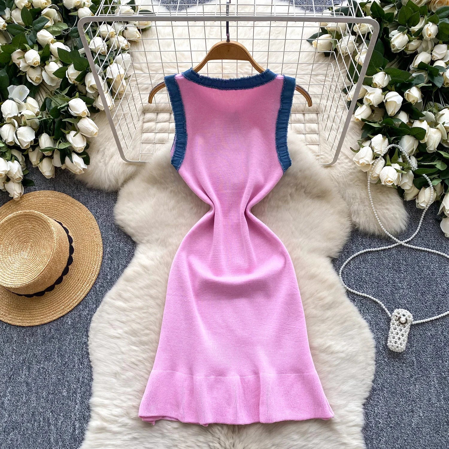 Chic Denim Splice Knitting Dress