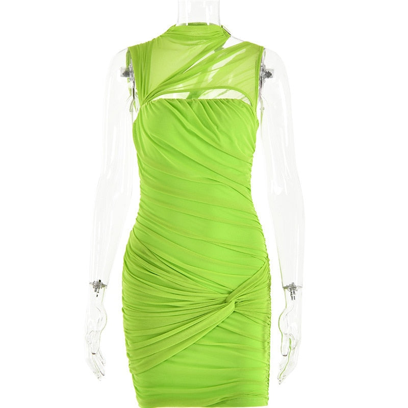 Pleated Mesh Zipper Hollow Out Sleeveless Bodycon Dress