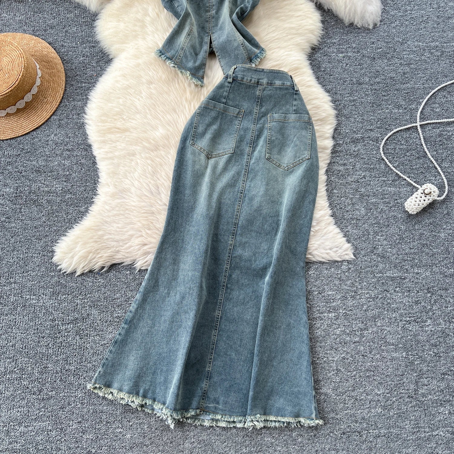 Vintage Lace Up Strapless Top And Skirt Demin Set