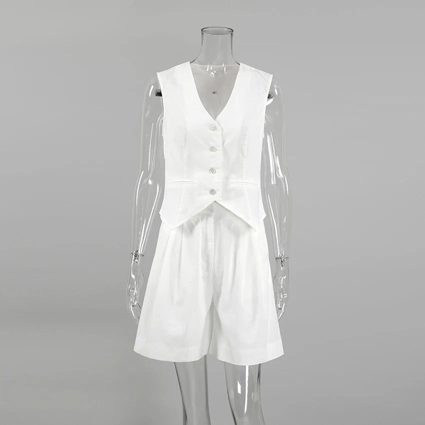 Elegant Cotton Linen Vest Tops And Short Pants 2-Piece Suit Sets